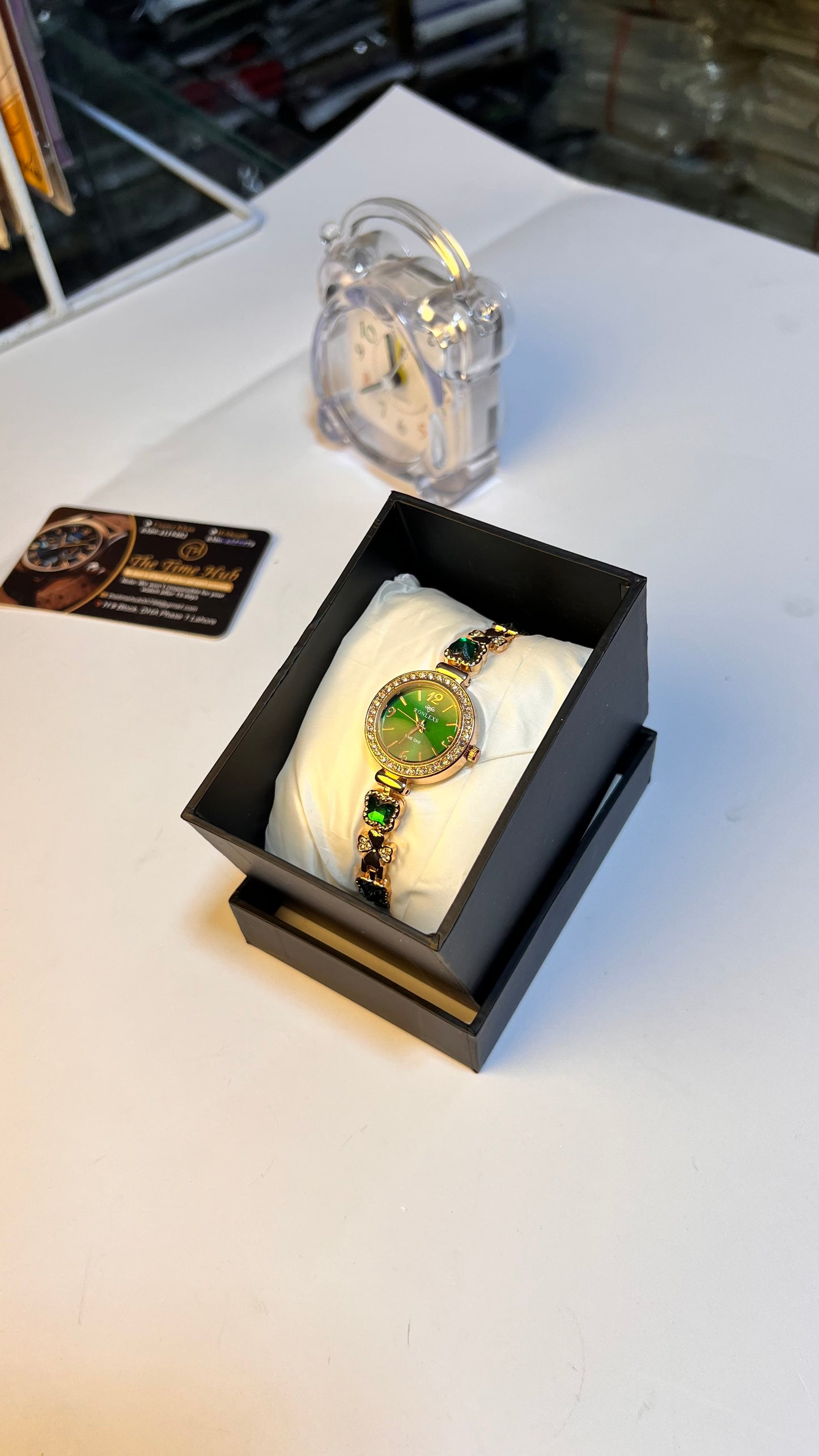 Premium Women’s Watch – Gold Finish with Green Crystal Touch