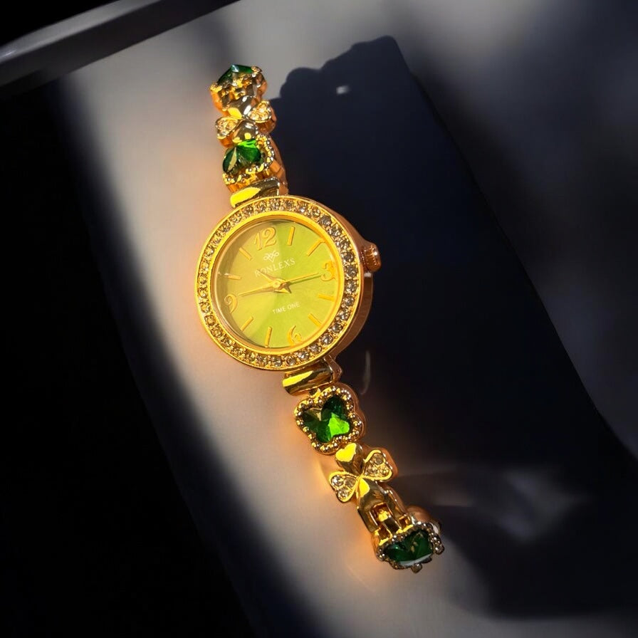 Premium Women’s Watch – Gold Finish with Green Crystal Touch
