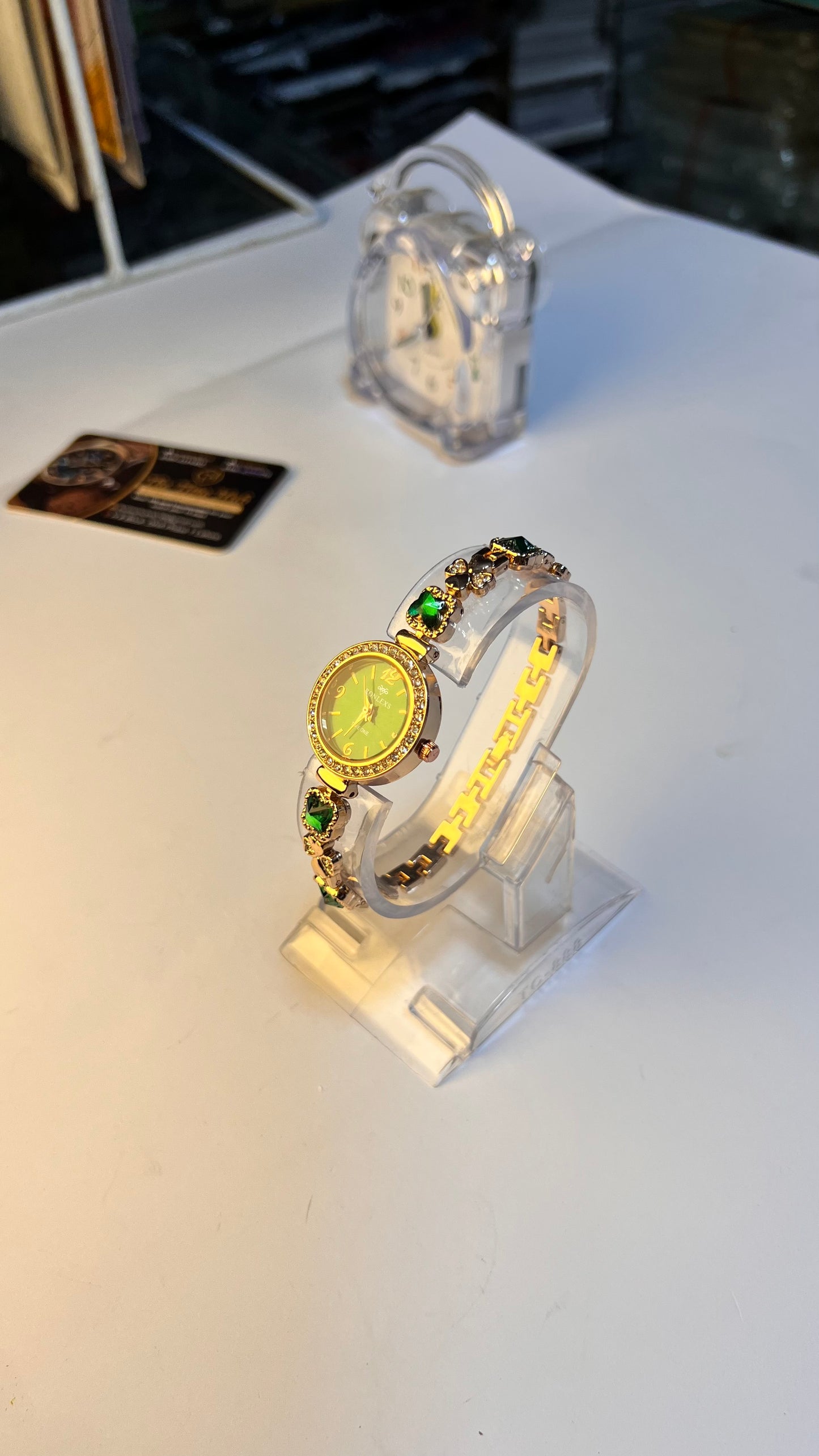 Premium Women’s Watch – Gold Finish with Green Crystal Touch