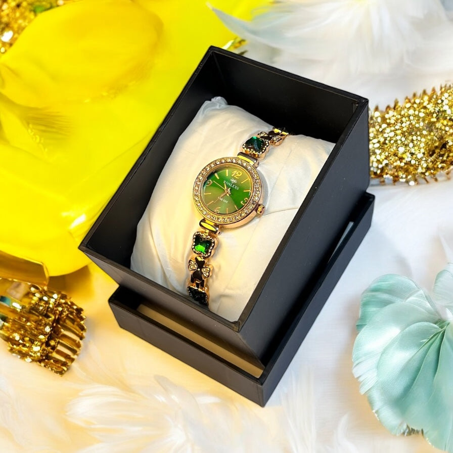 Premium Women’s Watch – Gold Finish with Green Crystal Touch