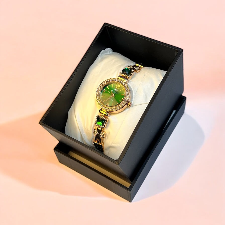 Premium Women’s Watch – Gold Finish with Green Crystal Touch