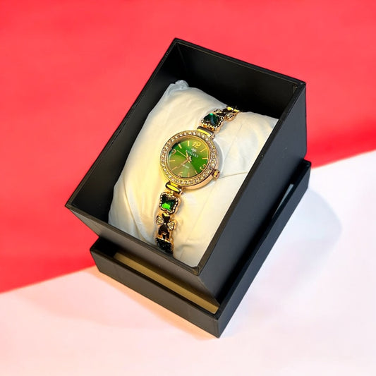Premium Women’s Watch – Gold Finish with Green Crystal Touch