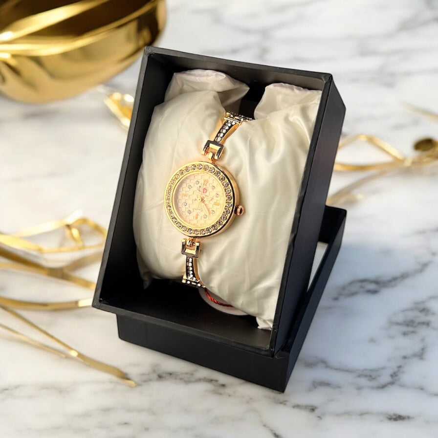 Premium Women’s Watch – Gold Finish with Green Crystal Touch