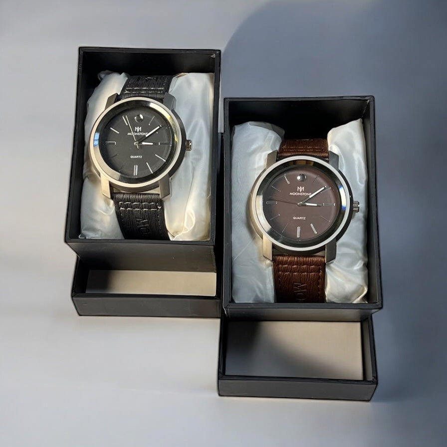 Moonstone Men’s Watch – Brown & Black Leather Strap | Stylish Jeans Look