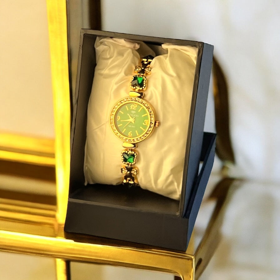 Premium Women’s Watch – Gold Finish with Green Crystal Touch